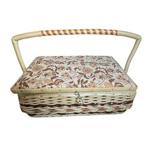Vintage Wicker Sewing Basket Brown/Cream/Tan Floral Pattern Top W/ Supplies